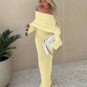 Light Yellow Elegant Women's Sexy Beach Vacation Off shoulder maxi Dress